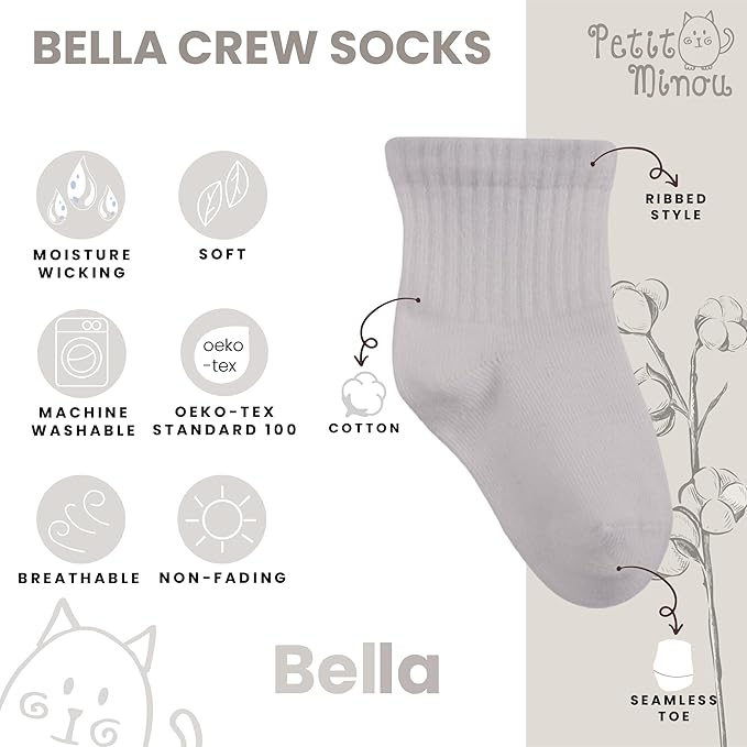 Bella Seamless-Toe Turkish Cotton Ribbed Crew Socks - Stylish and Cozy 6-Pack Baby & Toddler Socks
