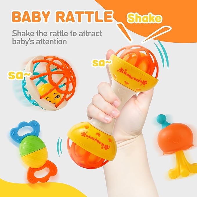 Baby Rattles 0-6 Months,Infant Sensory Teething Toys Set for 3-6 Months with Wrist Socks,Learning Developmental Toys,Perfect Baby Gift for 6-12 Months Newborn Boys Girls (Orange Rattle Set)