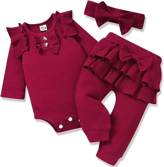 Aalizzwell Preemie Newborn Infant Baby Girls Clothes Ribbed Bodysuit Pants Set Fall Winter Outfits