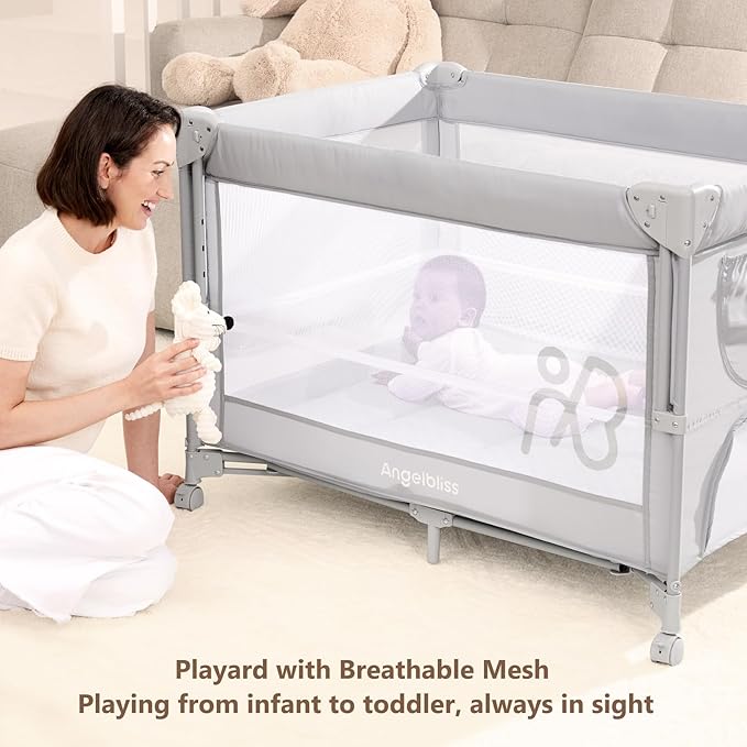 ANGELBLISS Baby Bassinet Bedside Crib, Pack and Play with Mattress, Diaper Changer, One-Push Setup Playards from Infants to Toddlers (Grey)
