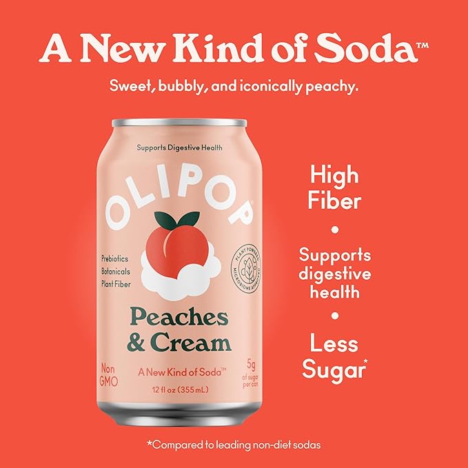 OLIPOP Prebiotic Soda Pop, Peaches & Cream, A New Kind of Soda Packed with Prebiotics, Fiber, and Botanicals, Gluten Free, Vegan, GMO Free, 12oz (12-Cans)