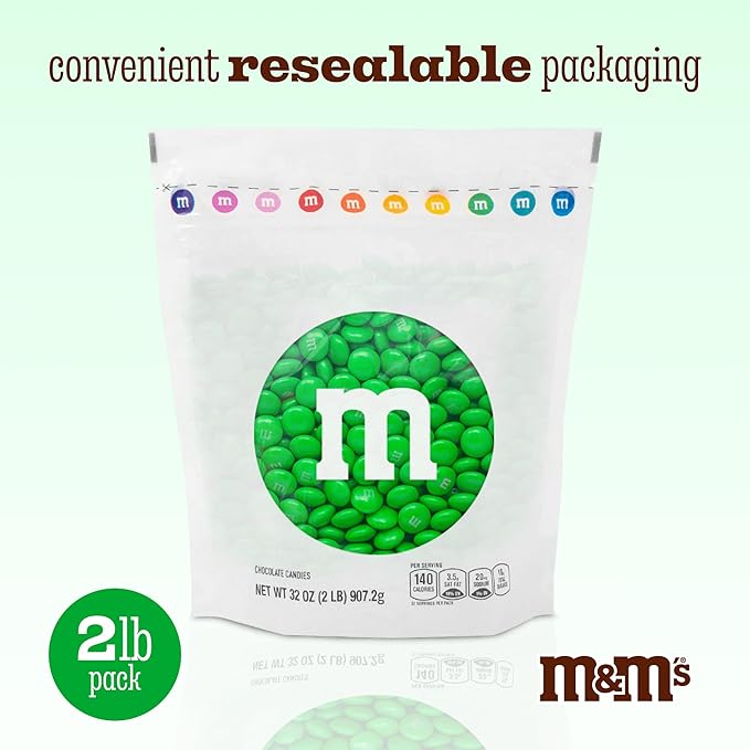 M&M’S WORLD Green Milk Chocolate Candy,2lbs of M&M'S Resealable Pack for Candy Bars,Christmas,St. Patrick's Day Parties,Birthdays,Graduations,Dessert Tables & DIY Party Favors,Bulk Chocolate