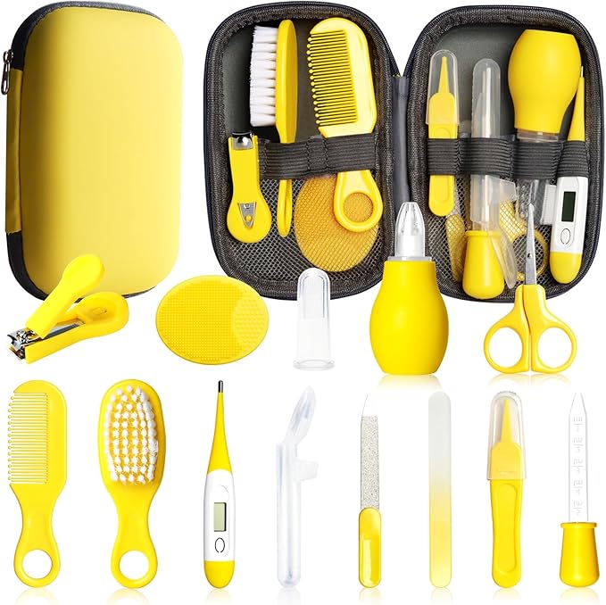 Baby Healthcare and Grooming Kit, 14 in 1 Baby Safety Set Newborn Nursery Health Care Set with Hair Brush Scale Nail Clippers for Baby Girls Boys(14 Kits Yellow)