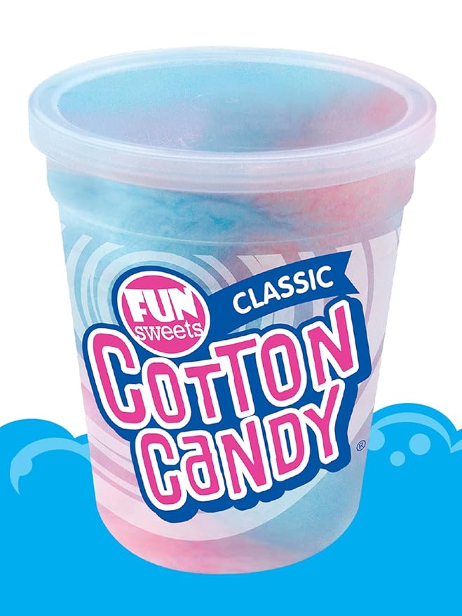 Fun Sweets Cotton Candy 12-Pack - Blue Raspberry and Cherry Swirl 1.5 oz Tub Resealable - Individual Cotton Candy Tubs Great for Easter Basket Candies or Party Favors - Bulk CottonCandy Individual Tubs
