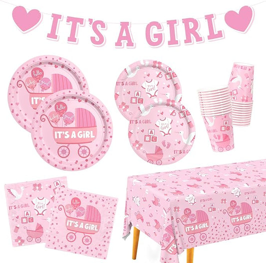 Baby Girl Shower Decorations for 24 Guests - It’s A Girl Decorations Kit Including Disposable Plates, Napkins, Cups, Tablecloth & Banner for Baby Shower Decorations Girl