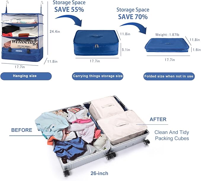 TABITORA Portable Hanging Travel Shelves Bag Packing Cube Organizer Suitcase Storage Large Capacity