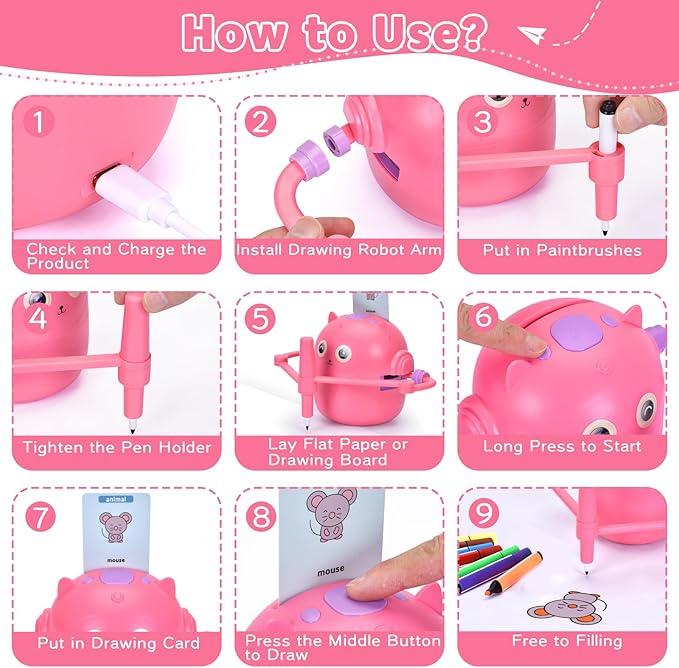 Smart Drawing Robot for Kids with 100 Cards – Voice-Activated Educational Art & Creativity Toy, Montessori Learning Machine for Boys & Girls Ages 3-9 for Toddlers & Children (Pink)
