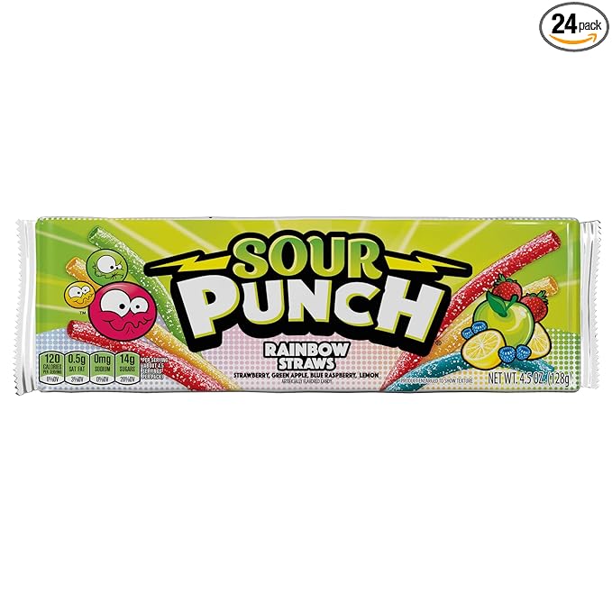Sour Punch Straws, 4 Rainbow Fruit Flavors, Chewy Sweet & Sour Candy, 4.5oz Tray (24 Pack)