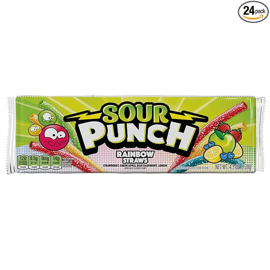 Sour Punch Straws, 4 Rainbow Fruit Flavors, Chewy Sweet & Sour Candy, 4.5oz Tray (24 Pack)