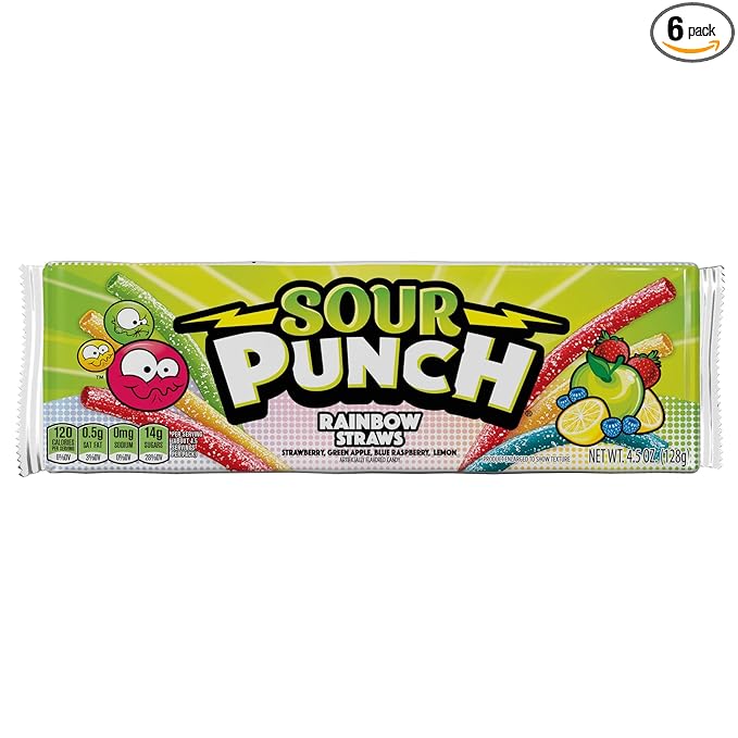 Sour Punch Rainbow Straws Assorted Flavors 4.5oz Tray (Pack of 6)