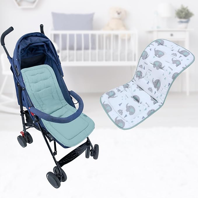 Baby Stroller Cushion,Infant Car Seat Insert-Reversible Universal Breathable and Soft Newborn Stroller Mat,100% Cotton Cover Toddler Seat Pad Liner-34x78cm,1 Pack(Elephant Green+White)