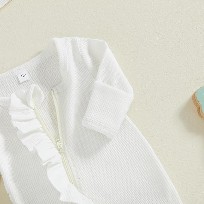 Fanvereka Newborn Infant Baby Girl Fall Outfit Romper 3 6 12 Months Girls Long Sleeve Full Length Zipper Footie Headband