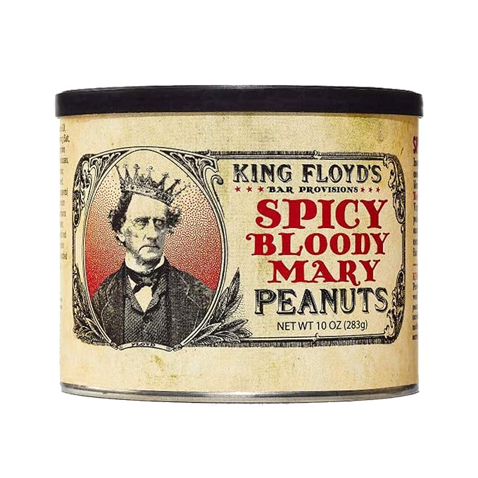 King Floyd's Spicy Bloody Mary Virginia Peanuts: 10 oz, Morning Cocktail Flavored Peanuts, Resealable Lid, Snack at your own risk, Once you start its difficult not to finish the whole tin.