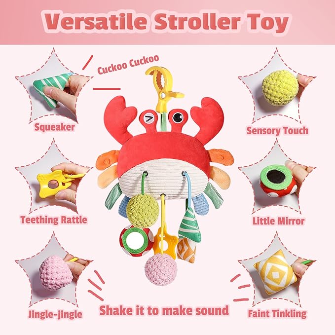 Baby Car Seat Toys 0-6 Months - Crib & Stroller Hanging Crab Attachment with Clip, Rattles and Teether, Travel Comfort Toy for Newborn Infant Gifts