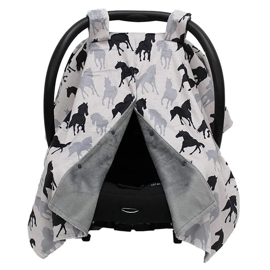 Dear Baby Gear Car Seat Cover for Boys & Girls - Baby Carseat Canopy w/Snap Opening - Infant Seat Cover - Stroller & Nursing Covers - Newborn Carrier Canopy - 40x30" (Black and Gray Horses)