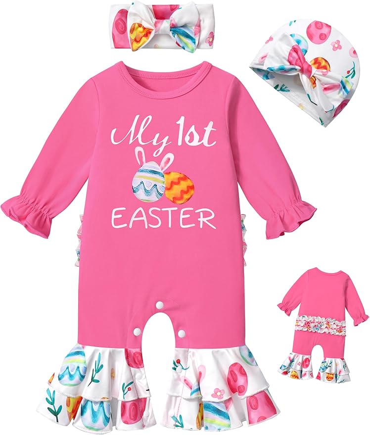 AGAPENG Newborn Girl Clothes Ruffle Letter Print Romper Infant Bell Bottom Jumpsuit Boho Baby Girl Clothes with Headband Hat