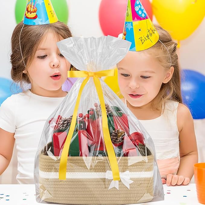 OIAHOMY Large Woven Storage Basket with Handles for Nursery Living Room Shelves, Bow Basket for Gifts Empty with Gift Bags and Ribbons for Baby Showers Pet Toy Bin - Yellow