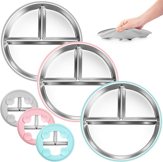 Stainless Steel Toddler Plates Silicone Suction,3 Packs Non-Slip Baby Plates,Divided Portion,Food-Grade Silicone Plate for Kids,LEAD-FREE Dishwasher Safe,Grey Green Pink