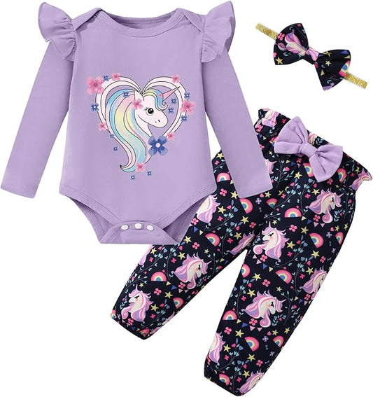Baby Girl Clothes Newborn Infant Cotton Ruffle Romper+ Floral Pants + Headband Sets Fall Winter Outfits