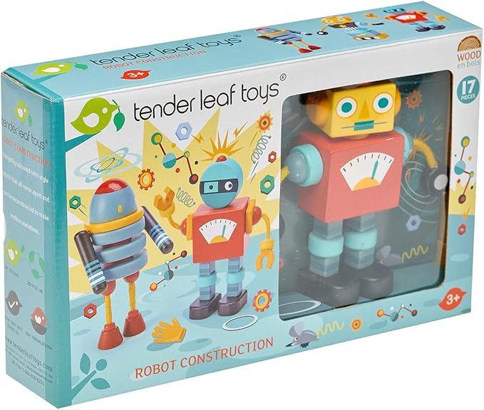 Tender Leaf Toys - Robot Construction - 17 Pieces Wooden Construction Set to Build and Stack 3 Robot in Endless Variations - Develops Problem Solving Skills and Imaginative Play for Children 3+