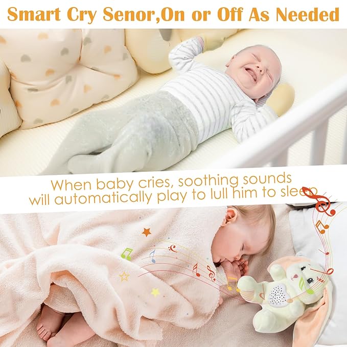 Baby Sleep Soother Bedtime Bunny Toy with Cry Sensor, Mom‘s Heartbeat Lullabies White Noise, Starlight Projector, Toddler Crib Sleeping Aid for Infant,Boy Girl Baby Gifts