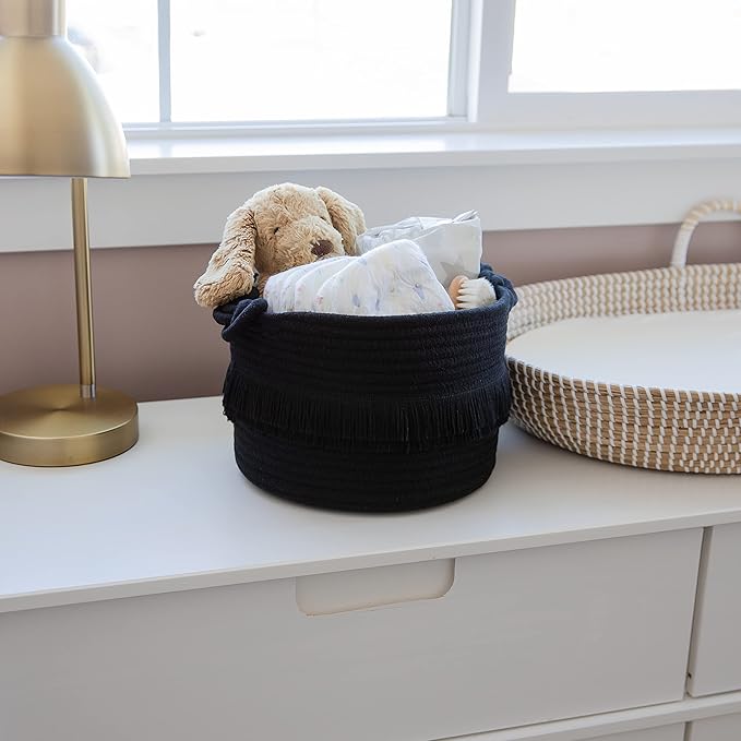 NaturalCozy 3-Piece Decorative Storage Basket Set – Black Cotton Rope Small Woven Baskets for Organizing for Nursery Baby Stuff, Gift, Vanity, Montessori, Dog Cat Toy Bin, Planter, Bathroom Shelves