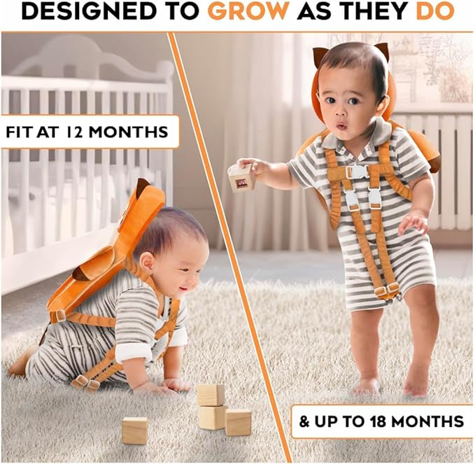 Little Family Baby Head Protector Backpack, Non-Toxic Hypoallergenic Toddler Head Protection Pillow for Falling, Secure, Durable, Fox (Orange)