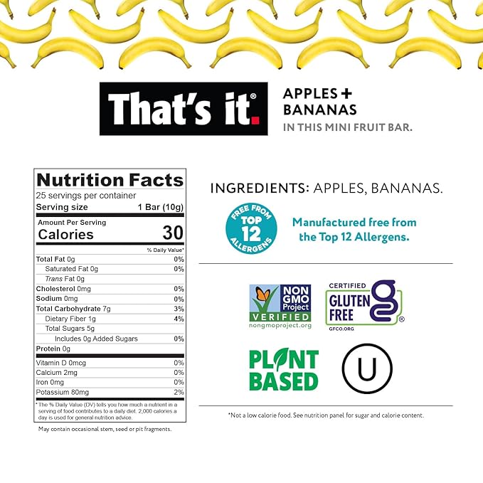 That’s It. Fun Size Fruit Bars Variety Pack(50 Pieces, 10g Each) With Apples + Bananas, Apples + Cranberries, Non-GMO, Paleo and Kosher Friendly, Gluten Free Breakfast Snacks