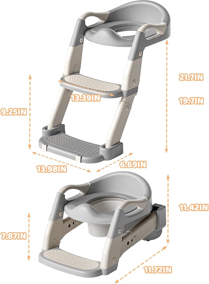 3-in-1 Potty Training Seat & Training Toilet & Potty Chair, Height Adjustable Toddler Toilet Seat for Kids Boys Girls, Foldable Potty Training Toilet with Splash Guard and Anti-Slip Steps