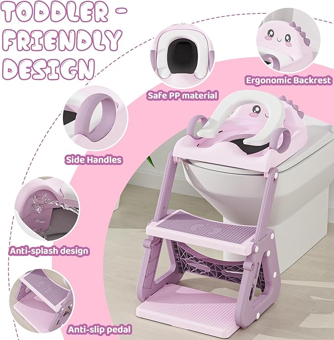 Potty Training Seat, Upgrade 2 in 1 Potty Training Toilet with Step Stool Foldable Toddler Toilet Seat for Kids Boys Girls Toddler Potty with Splash Guard Anti-Slip Pad Adjustable Ladder & Seat Height