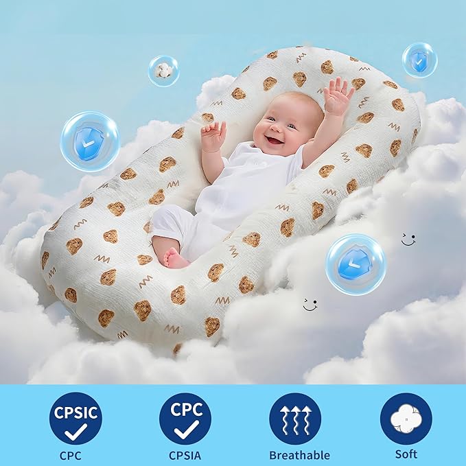 Baby Lounger, Newborn Lounger with Breathable & Soft Cover for Home and Travel, 0-24 Months Newborn Babies Essentials Gifts. (2 Cover Included)