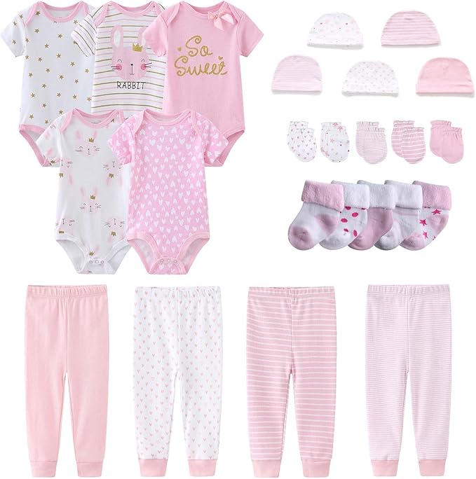 Newborn Layette Gift Set Bodysuits Pants for Baby Girl and Boy 24 Piece 100% Cotton Essentials and Accessories