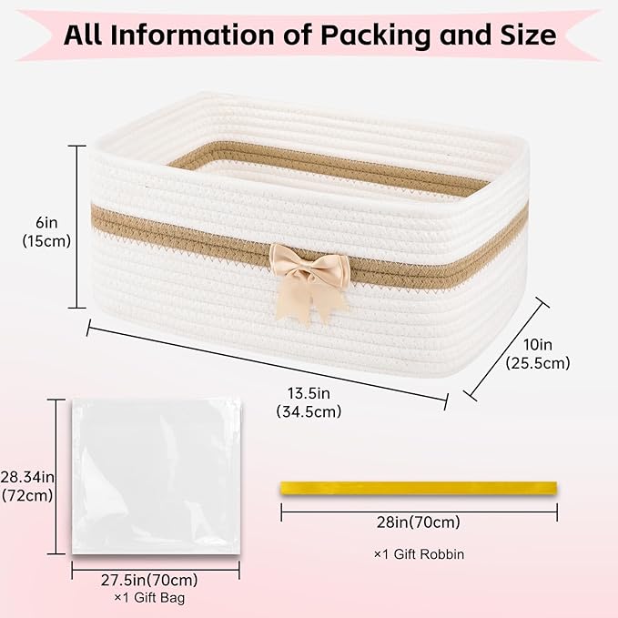 OIAHOMY Large Woven Storage Basket with Handles for Nursery Living Room Shelves, Bow Basket for Gifts Empty with Gift Bags and Ribbons for Baby Showers Pet Toy Bin - White