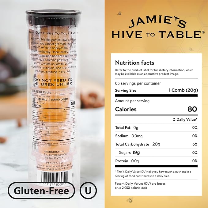 Jamie’s Hive To Table 100% Raw Honeycomb Bites, 3.3 Oz, 5 Bites – Pure Honeycomb Straight from the Hive – Made in USA, Product of Georgia – No Additives or Preservatives, Non-GMO