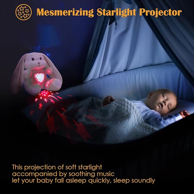 Baby Sleep Soother Bedtime Bunny Toy with Cry Sensor, Mom‘s Heartbeat Lullabies White Noise, Starlight Projector, Toddler Crib Sleeping Aid for Infant,Boy Girl Baby Gifts