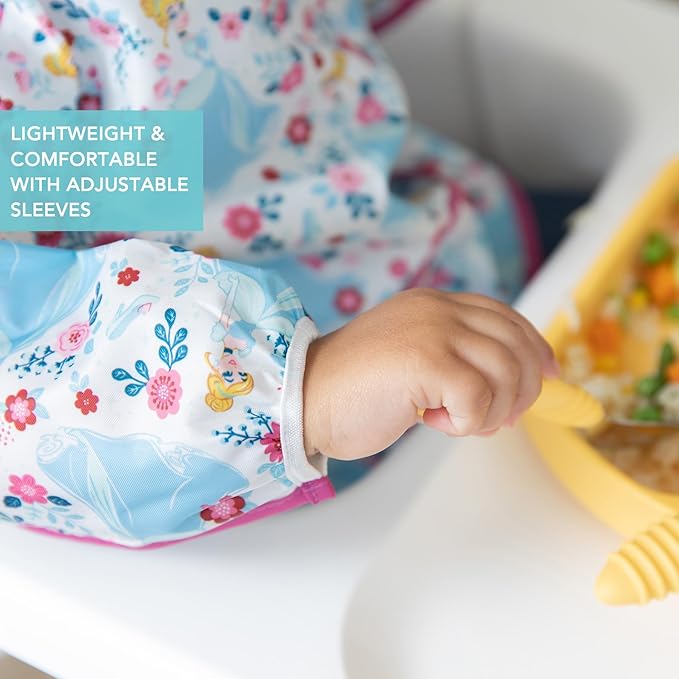 Bumkins Disney Bibs, Baby and Toddler Girls and Boys 6-24 Months, Long Sleeve, Essential Must Have for Eating, Feeding, Mess Saving Lightweight Waterproof Fabric Sleeved Smock, Cinderella