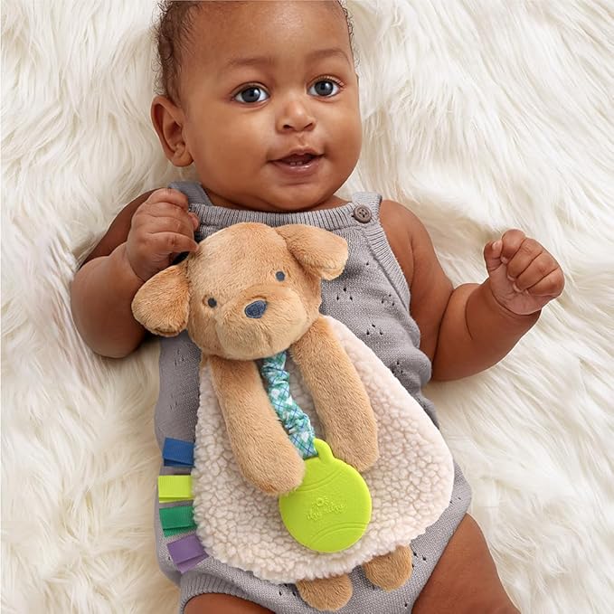 Itzy Ritzy - Itzy Lovey Including Teether - Baby Lovey with Teether, Textured Ribbons & Dangle Arms - Features Crinkle Sound, Sherpa Fabric and Minky Plush (Puppy)