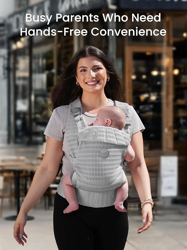 Grownsy Baby Carrier Newborn to Toddler (7-44lbs), Ergonomic & Cozy Wraps with One-Click Buckle, Mesh & Head Support for Hands-Free Comfort, Silver Gray
