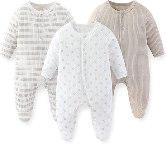 Unisex Baby Boy Girl Footies Rompers Cotton Long Sleeve 3 Pack Infant Jumpsuits 0-12Months Babies' Outfits