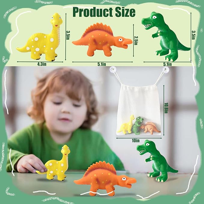 Dinosaurs for Toddlers 1-3 No Hole Dinosaur Bath Toys for 6-18 Months - 3Pcs Bath Toys with Storage Bag - Dino Bath Toy 1-4 Year Old Kids Gifts