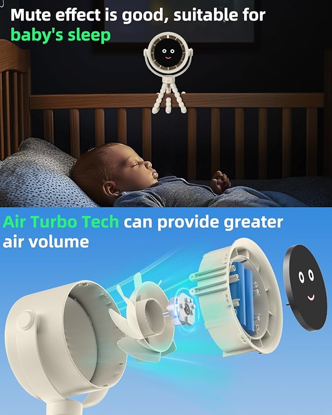 Stroller Fan Portable, Personal Fan for Travel, Air Turbo Tech&Digital display, Detachable 5 Speeds Rechargeable 360° Rotate Flexible Tripod Fan, For Home Office Stroller Camping - Rice White