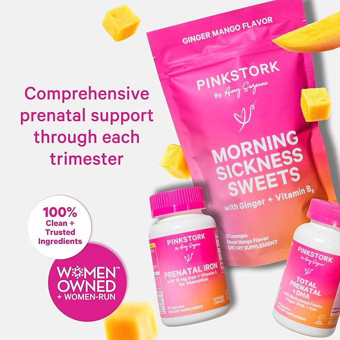 Pink Stork Morning Sickness Sweets, Organic Mango Ginger Candy with Vitamin B6 for Morning Sickness, Motion Sickness, Prenatal Heartburn - Pregnancy Must Haves - 30 Wrapped Drops