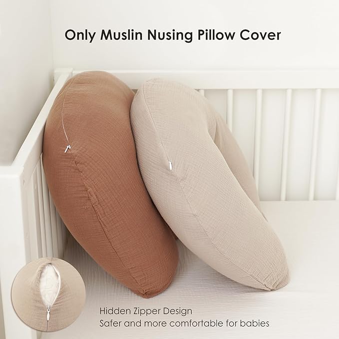 2-Pack Muslin Nursing Pillow Covers, Breathable 100% Cotton Breastfeeding Pillow Slipcovers for Standard Nursing Pillows, Soft Covers for Baby Girls and Boys with Zipper