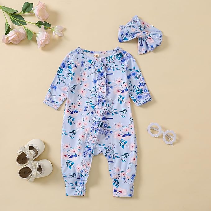 Cute Floral Floral Print Long Sleeve Infant Newborn Baby Girl Clothes Baby Girl Jumpsuit
