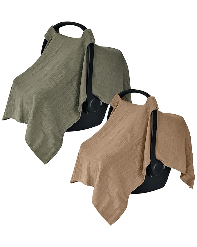 Car Seat Cover Baby - Organic Cotton - Carseat Covers Baby - Carseat Cover - Car Seat Canopy - Carseat Canopy - 100% Muslin Cotton, 43" x 32" 2-Pack (Sage Green/Natural)