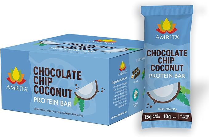 Amrita Nut Free Vegan Protein Bars (12 CT) | Chocolate Chip Coconut 15g Plant-Based Protein Bar | Peanut-Free, Gluten Free, and Dairy-Free | No Added Sugar, High Fiber, Healthy Snacks for Kids/Adults