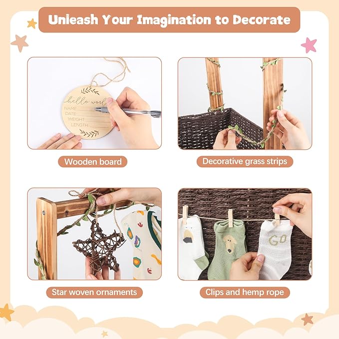 Wooden Baby Shower Crate Closet, Baby Storage Crate with Handle, Foldable Handwoven Storage Basket for Gifts, Welcome Gift Basket for Newborn Boys Girls, Pregnancy Gifts for New Parents