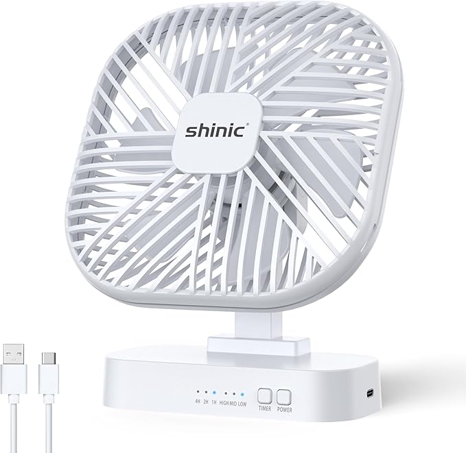 shinic 5" Battery Operated Fan, AA Battery Magnetic Fan, Ultra-Quiet Desk Fan with Timer, 3 Speeds, Adjustable Tilt for Bedroom, Office, Camping,Outdoor Travel,White