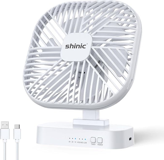 shinic 5" Battery Operated Fan, AA Battery Magnetic Fan, Ultra-Quiet Desk Fan with Timer, 3 Speeds, Adjustable Tilt for Bedroom, Office, Camping,Outdoor Travel,White