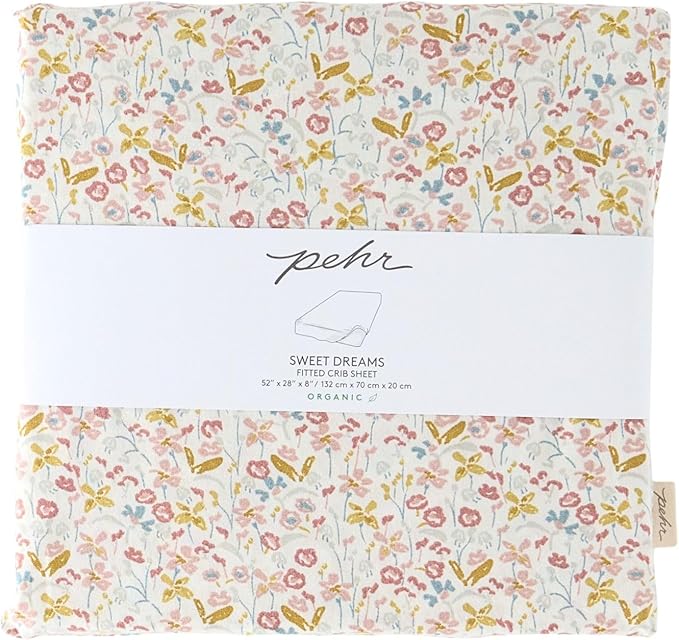 Pehr Crib Sheet, Floret | Breathable Brushed Organic Cotton for Soft Sleep | Snug Fit | Reusable Fabric Bag Packaging | Standard Crib Mattresses up to 52”L x 28”W x 8”H